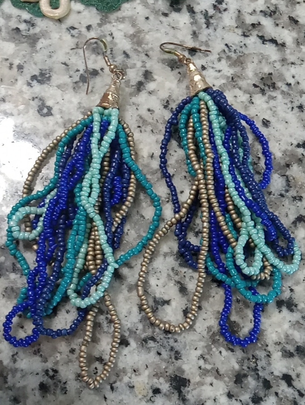 Handmade Beaded Tassel Earrings in Blue, Teal & Gold-Tone